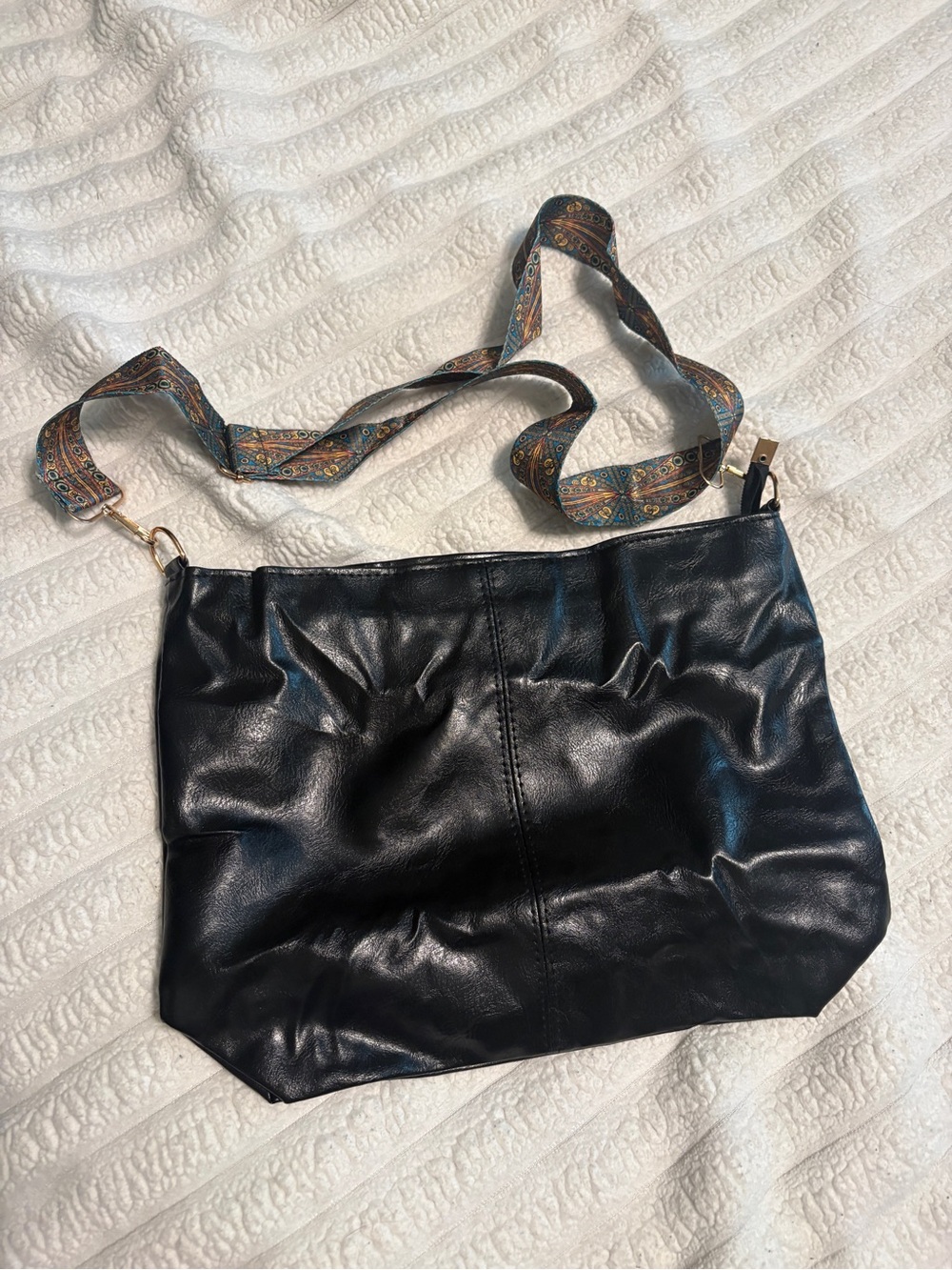 Black Faux Leather Crossbody Bag Boho Adjustable Printed Strap